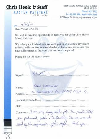 Ferny Grove Painting Testimonial - K Watkinson June 2010